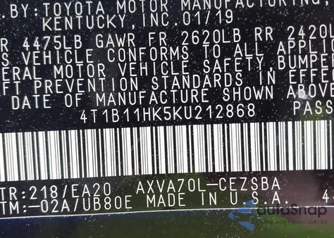 2019 Toyota Camry Se z USA, uszkodzony, nr VIN 4T1B11HK5KU212868